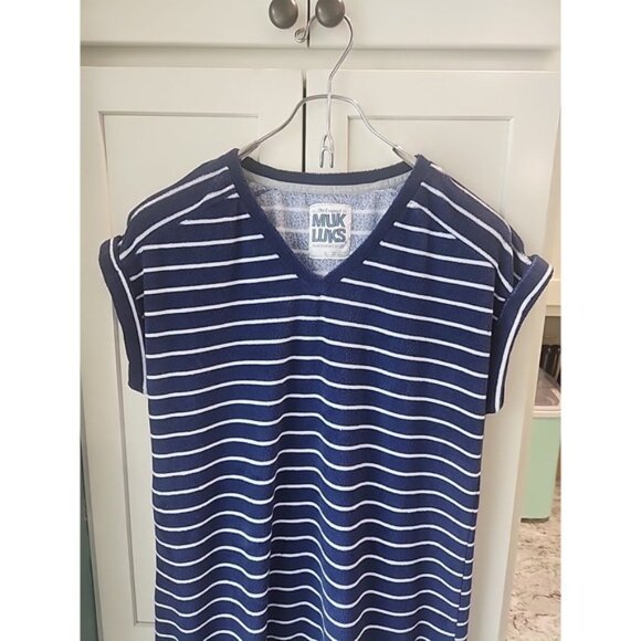 Women's The Original Muk Luks Blue Striped Soft Terry Cloth Dress Sz S - Picture 3 of 5